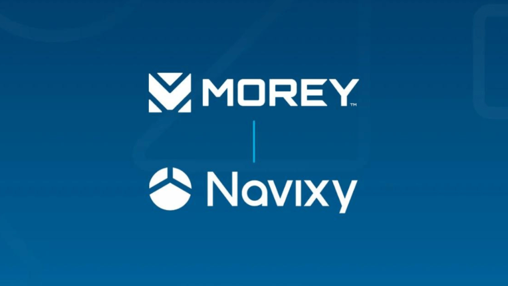 The Morey Corporation and Navixy logo on a blue background announcing partnership