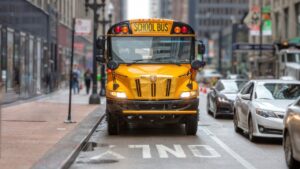School bus on a congested city road