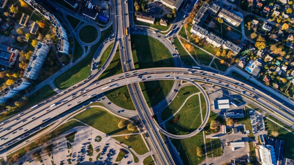 Major interstate on and off ramps with traffic