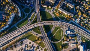 Major interstate on and off ramps with traffic